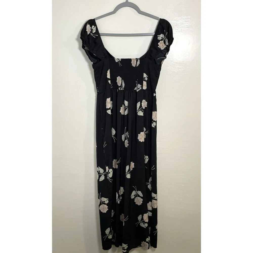 Anthropologie Saltwater Luxe Womens Black Cap Sleeve Floral Dress Medium Boho